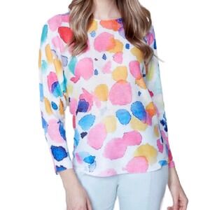 Carre Noir Watercolor Polka Dot Knit Lightweight Crew Neck Sweater Multicolor L